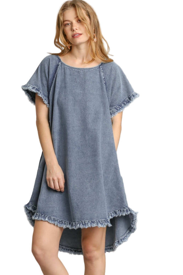 Kvinno Denim Klänning med Fransar och Fickor 0