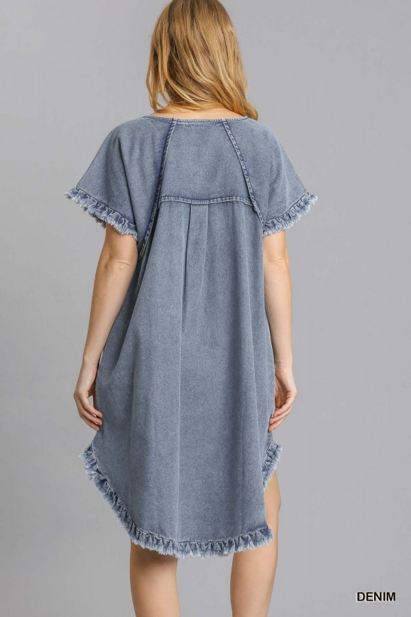 Kvinno Denim Klänning med Fransar och Fickor 2