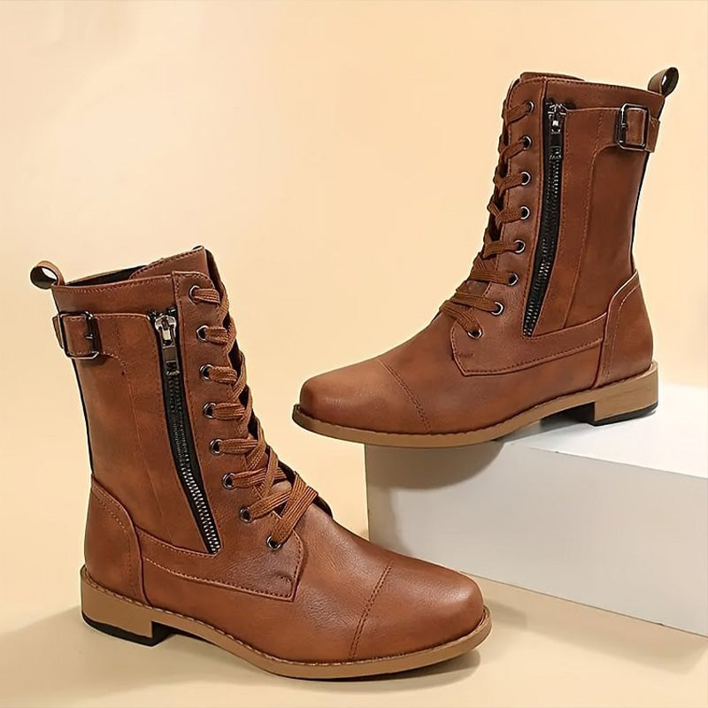 Kvinno Mid-Calf Boots med Snörning och Sidodragkedja 1