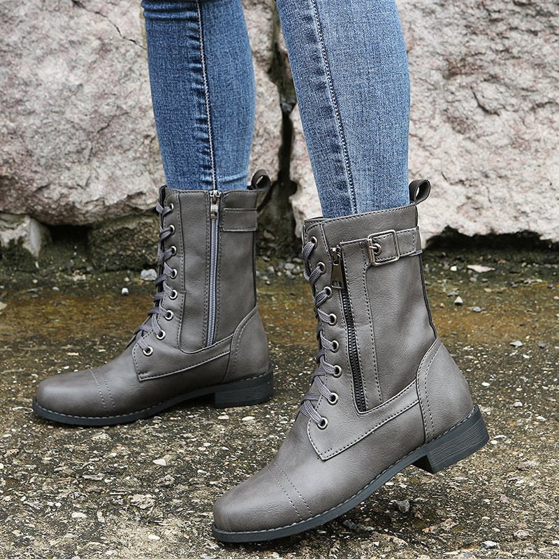 Kvinno Mid-Calf Boots med Snörning och Sidodragkedja 4
