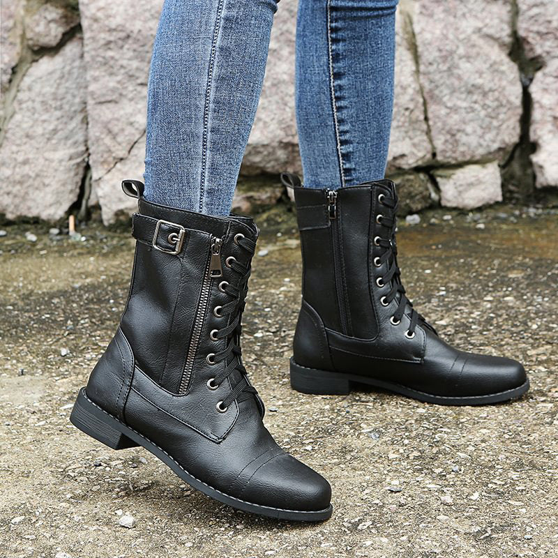 Kvinno Mid-Calf Boots med Snörning och Sidodragkedja 5