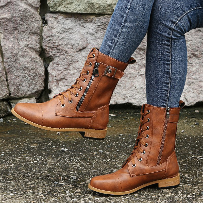 Kvinno Mid-Calf Boots med Snörning och Sidodragkedja 6