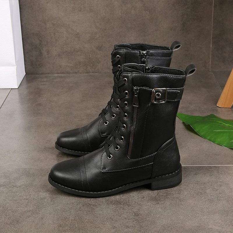 Kvinno Mid-Calf Boots med Snörning och Sidodragkedja 7