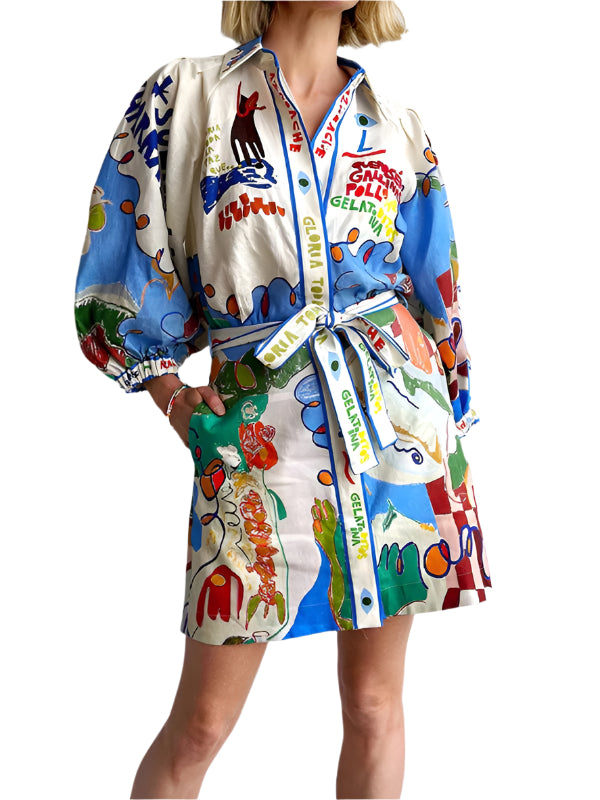 Kvinno Mini Skjortklänning Graffiti Mönster i Linne 0