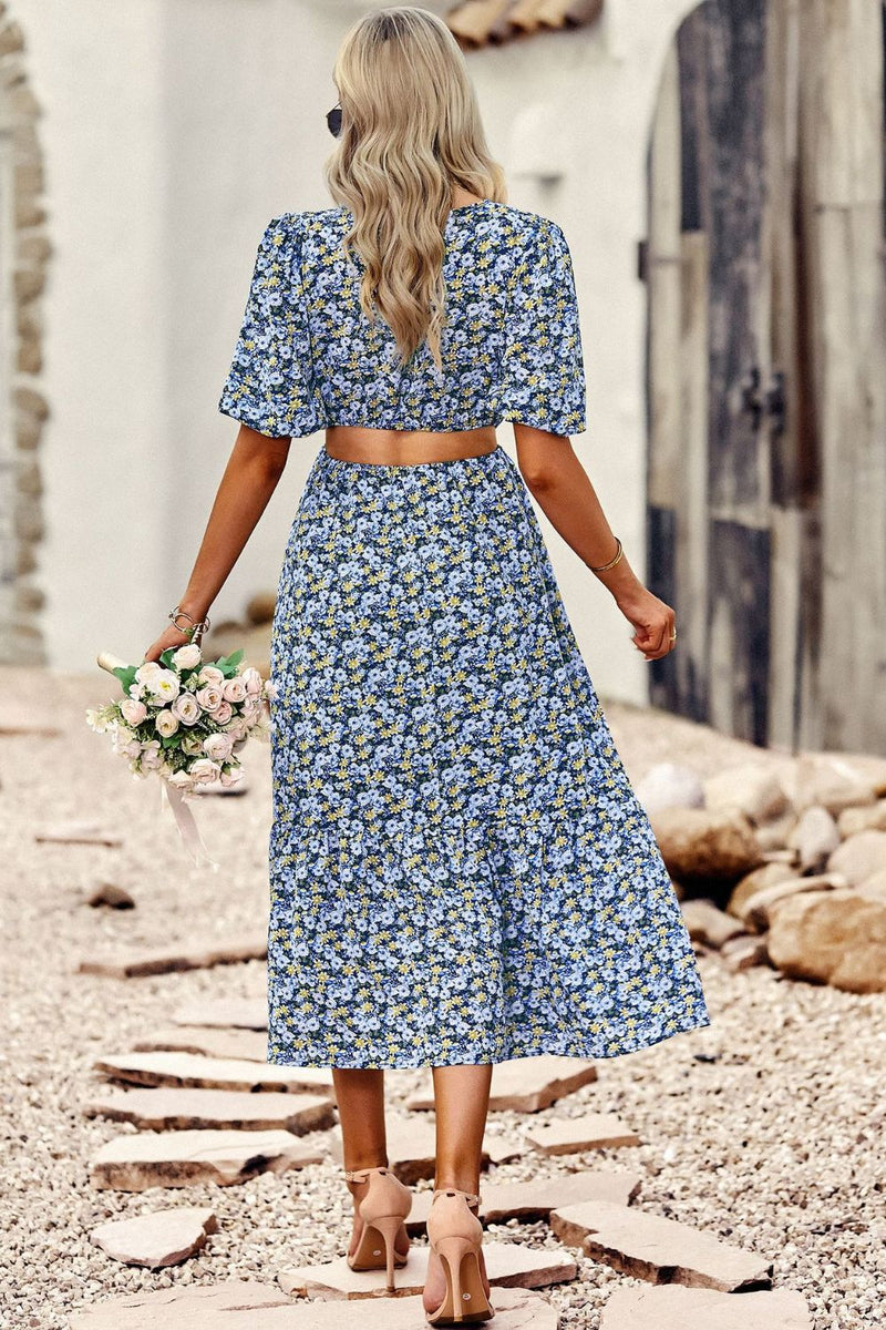 Kvinnor Midi Klänning Puffärmar Blommönster Polyester 7