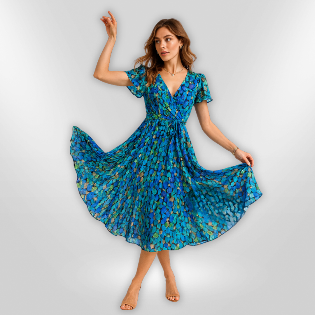 Kvinnors Asymmetrisk Klänning med Djup V-ringning och Abstrakt Mönster 1