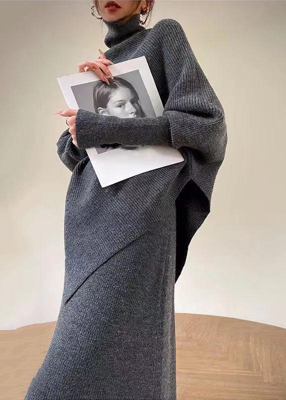 Kvinnors Asymmetrisk Stickad Set med Hög Hals 1