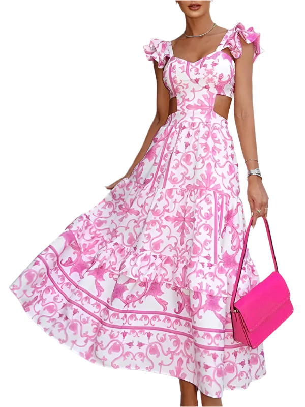 Kvinnors Blommig Klänning Urtagning Polyester Hjärta Halsringning 0