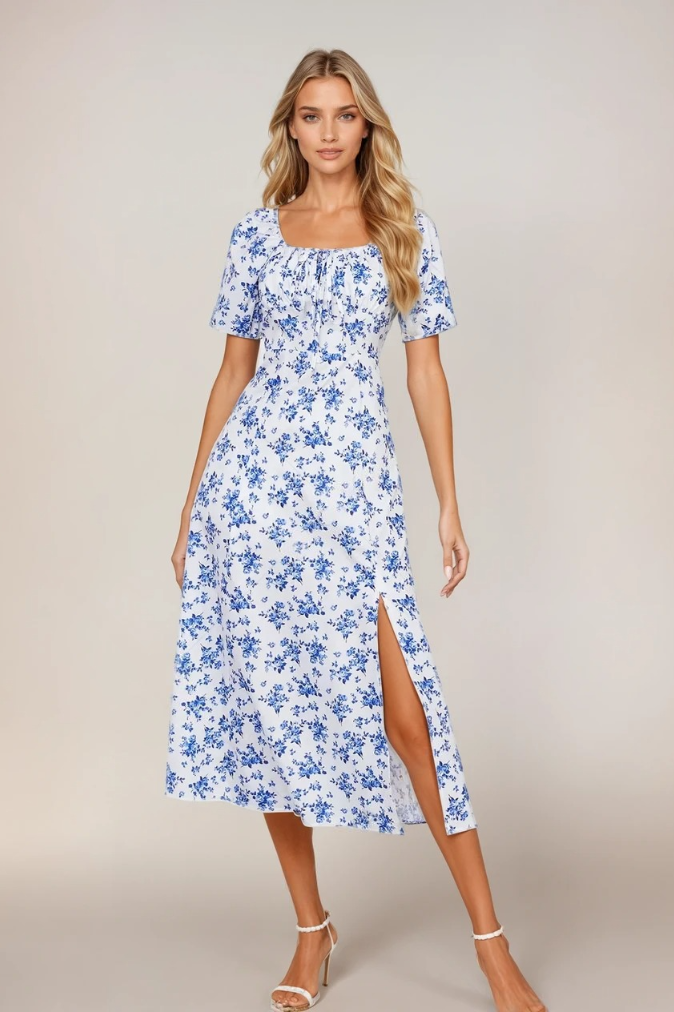 Kvinnors Blommig Sommarklänning Med Cinchad Midja 3