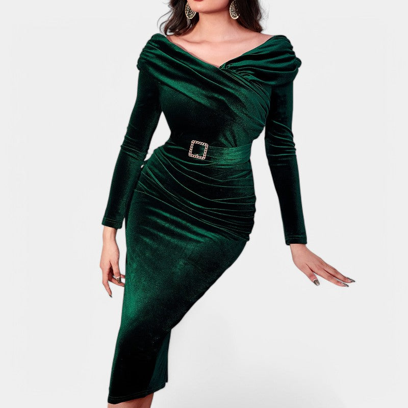 Kvinnors Bodycon Klänning i Slinky Sammet med Långa Ärmar 1