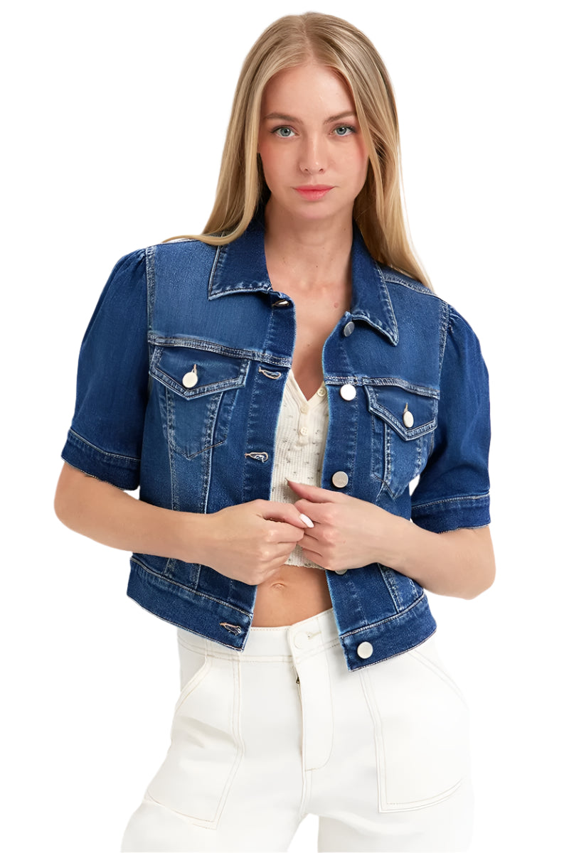 Kvinnors Crop Denimjacka Puffärmad Tvättad Bomull 0