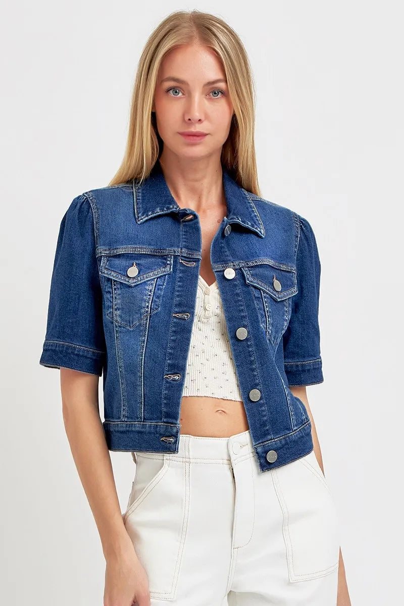 Kvinnors Crop Denimjacka Puffärmad Tvättad Bomull 1