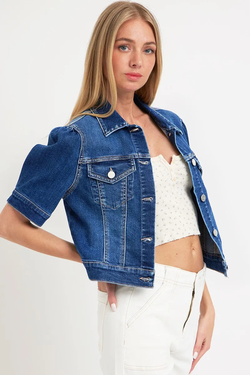 Kvinnors Crop Denimjacka Puffärmad Tvättad Bomull 3