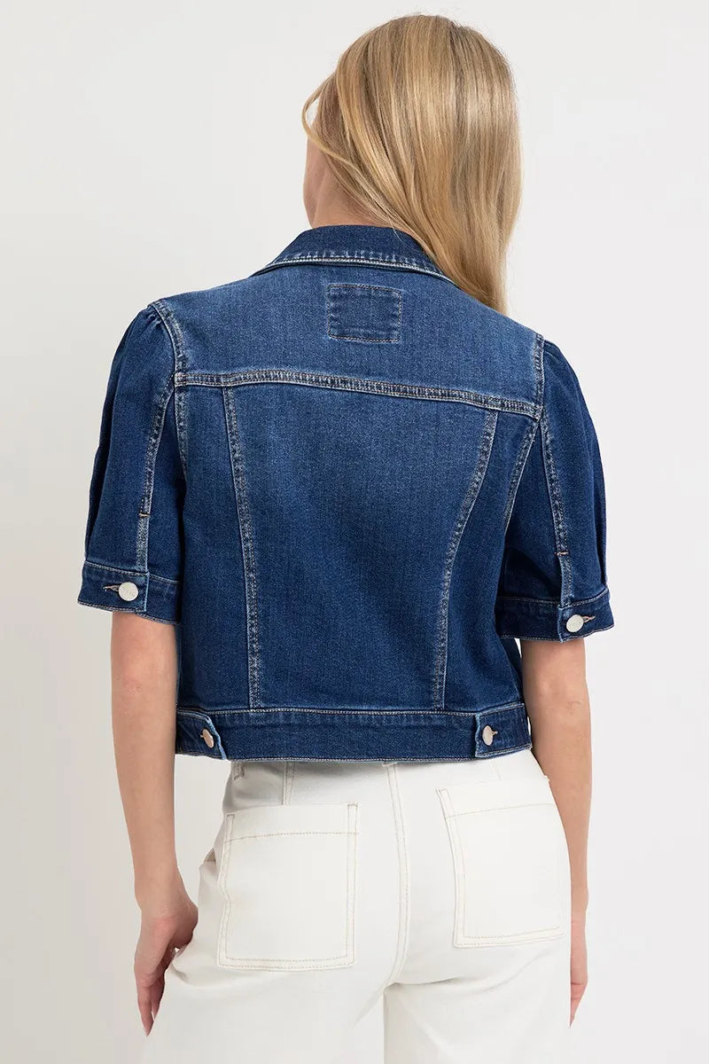Kvinnors Crop Denimjacka Puffärmad Tvättad Bomull 4