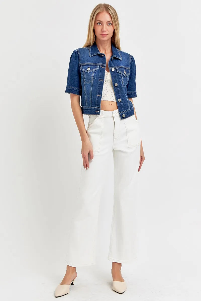 Kvinnors Crop Denimjacka Puffärmad Tvättad Bomull 5