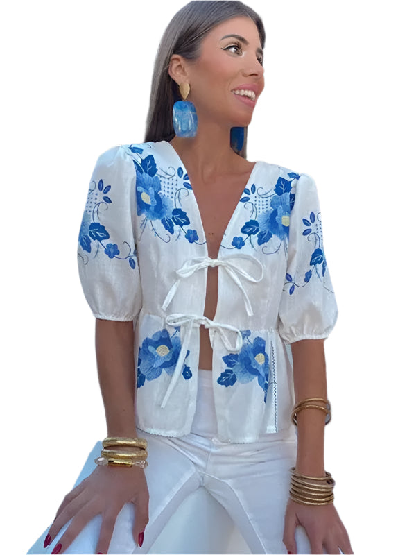 Kvinnors Crop Top V-ringad Blommig Kortärmad Vävd Material 0