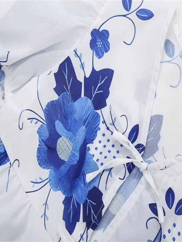 Kvinnors Crop Top V-ringad Blommig Kortärmad Vävd Material 4