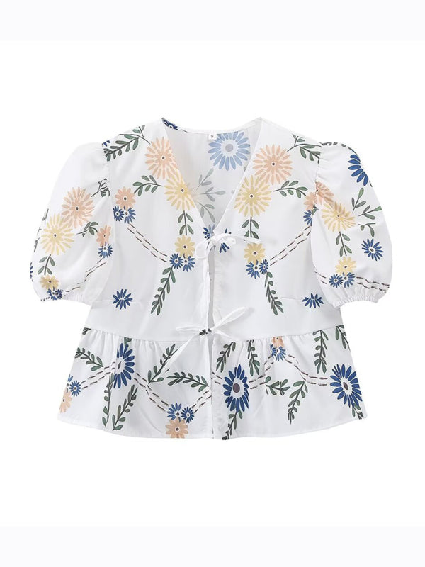 Kvinnors Crop Top V-ringad Blommig Kortärmad Vävd Material 5