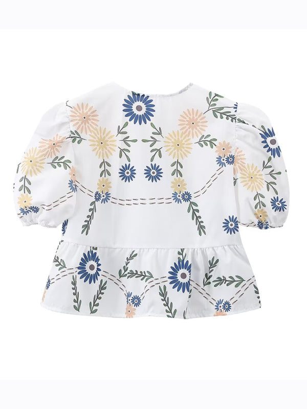 Kvinnors Crop Top V-ringad Blommig Kortärmad Vävd Material 6