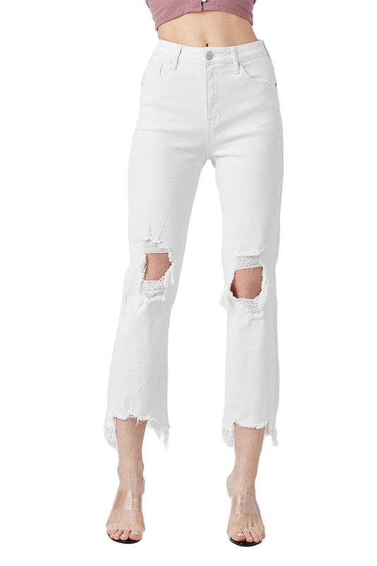 Kvinnors Cropped Jeans Hög Midja Raka Bomull och Elastan 0