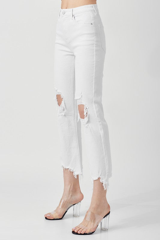 Kvinnors Cropped Jeans Hög Midja Raka Bomull och Elastan 1