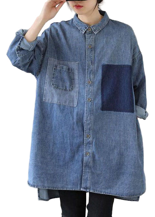 Kvinnors Denim Blus med Peter Pan Krage Avslappnad Stil 1