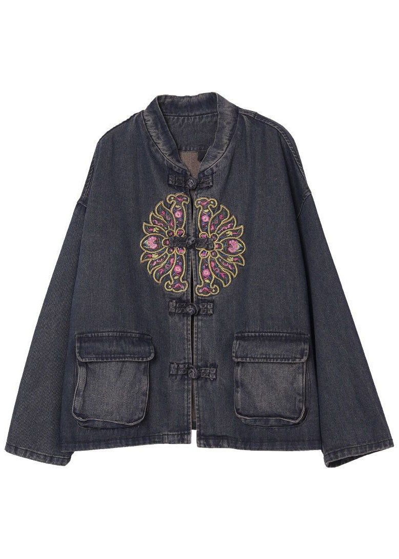 Kvinnors Denimjacka med Broderade Fickor Boho-Stil 4