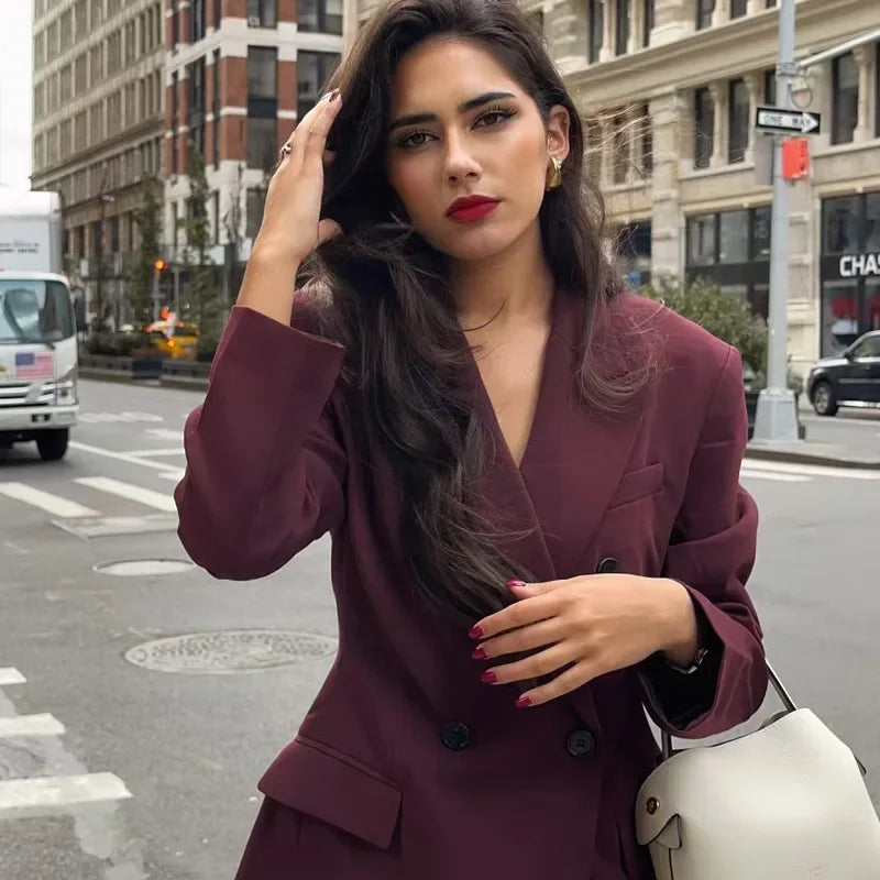 Kvinnors Dubbelknäppt Blazer Jacka med Krage 3