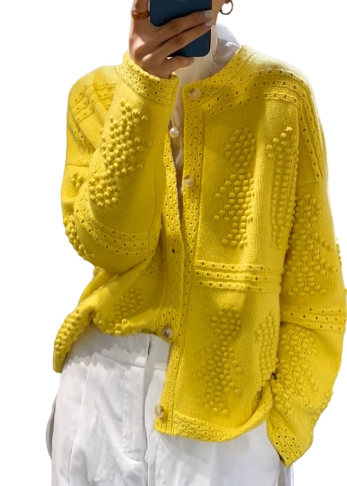 Kvinnors Gula Stickad Tröja med O-ringad Knäppning 0
