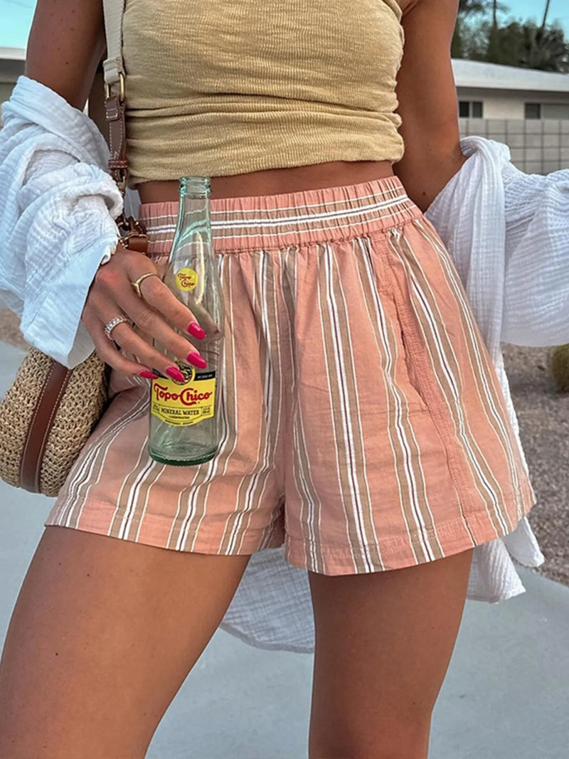 Kvinnors Högmidjade Sommarshorts Randig Linneblandning 6