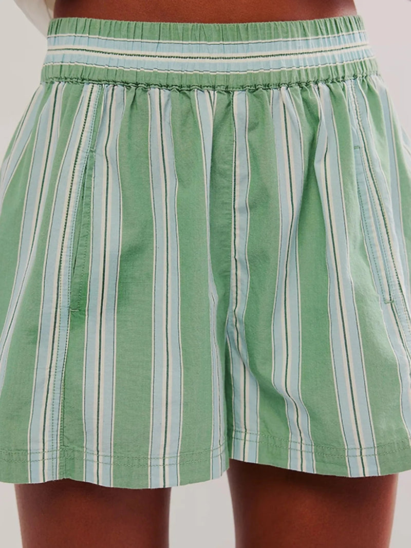 Kvinnors Högmidjade Sommarshorts Randig Linneblandning 8