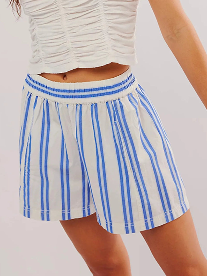 Kvinnors Högmidjade Sommarshorts Randig Linneblandning 9