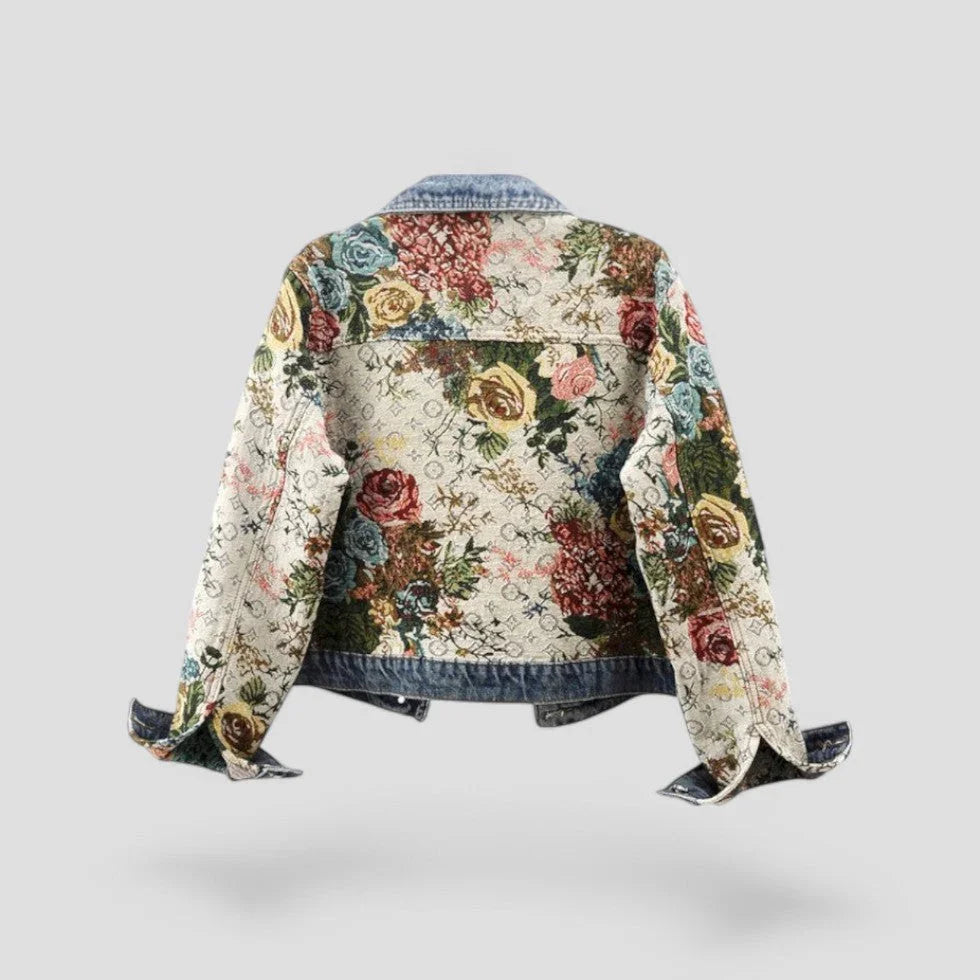 Kvinnors Jeansjacka med Blommigt Patchwork i Boho Stil 2