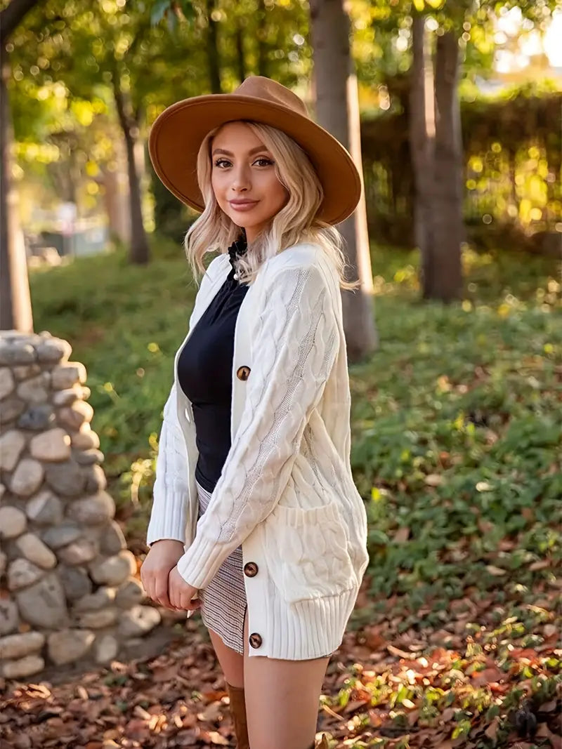 Kvinnors Kabelstickad Tröja i Bomull Avslappnad Stil 4