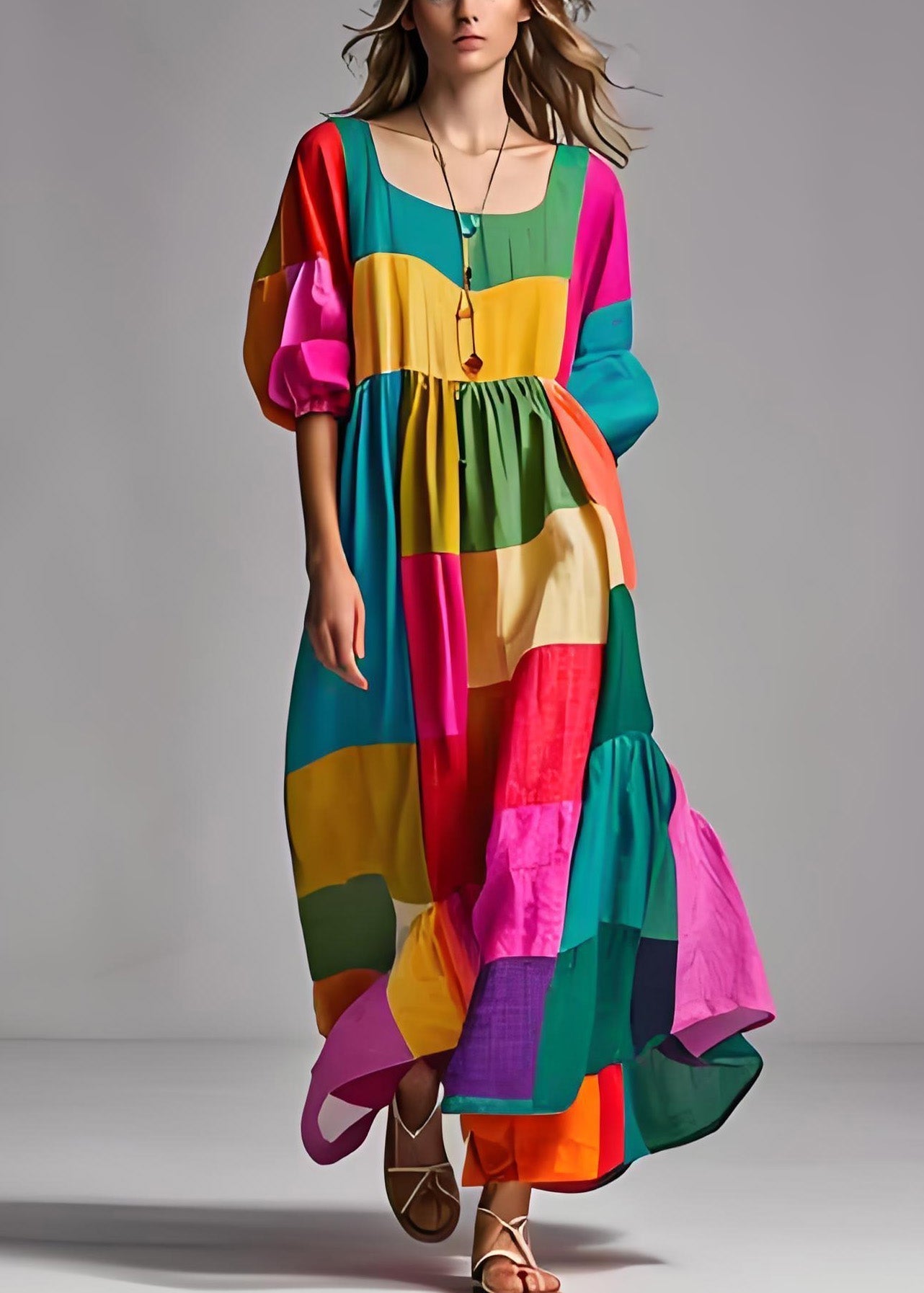 Kvinnors Klänning med Puffärmar U-hals Patchwork Stil 1