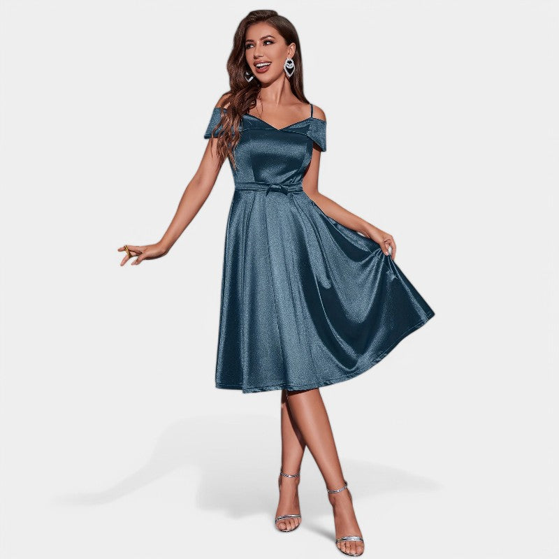 Kvinnors Knälång Klänning V-ringad Satinliknande Med Avtagna Axlar 2