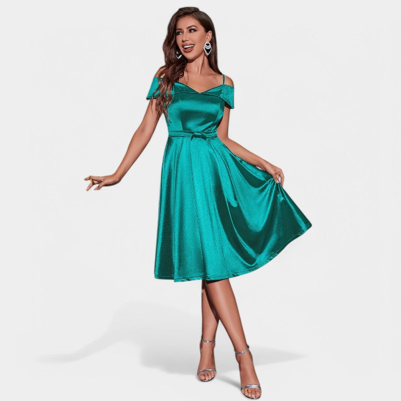 Kvinnors Knälång Klänning V-ringad Satinliknande Med Avtagna Axlar 4