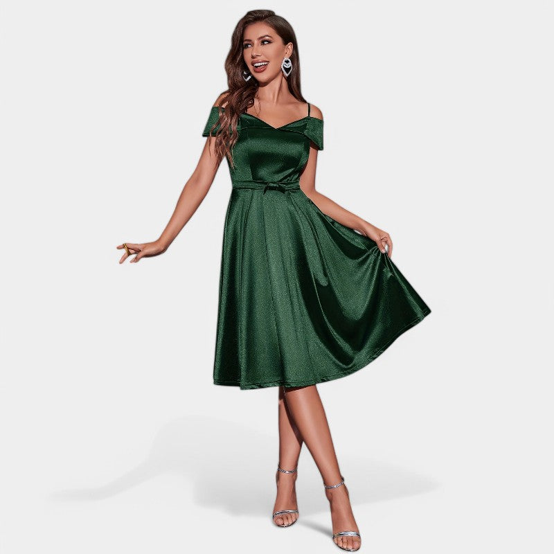 Kvinnors Knälång Klänning V-ringad Satinliknande Med Avtagna Axlar 8