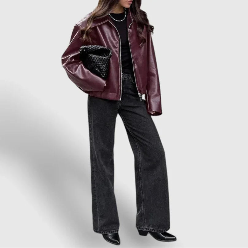 Kvinnors Läderjacka Med Dragkedja Stilig 2