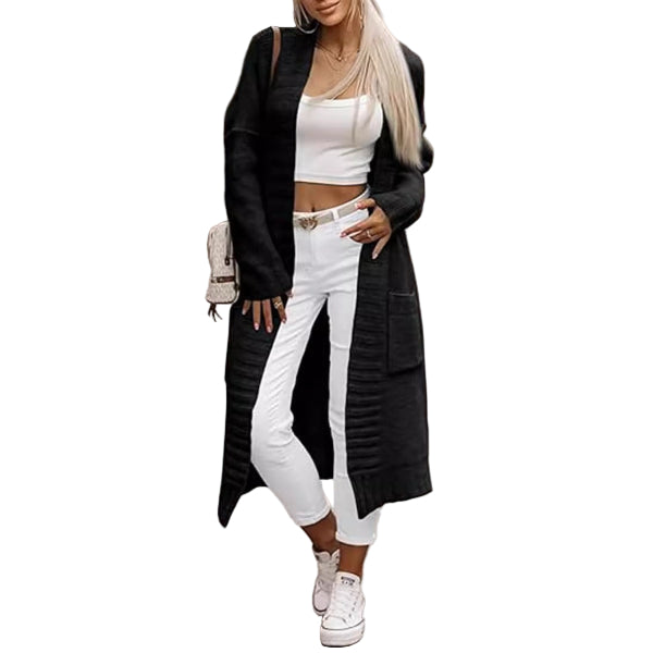 Kvinnors Lång Cardigan Öppen Framsida med Fickor 2