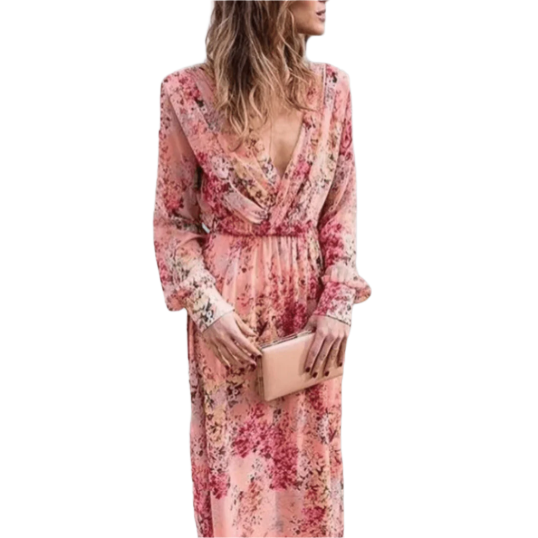 Kvinnors Lång Klänning Romantisk Blommig Polyester V-Ringning 0