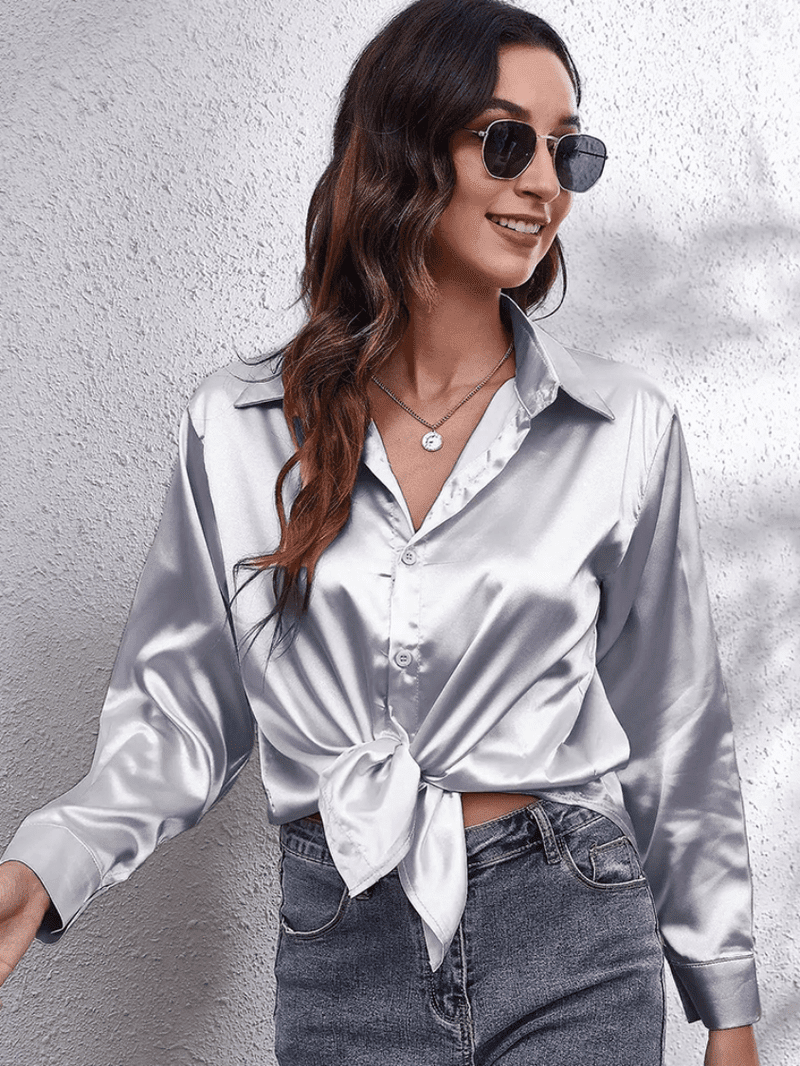 Kvinnors Långärmad Blus Satin Tidlös Stil 7