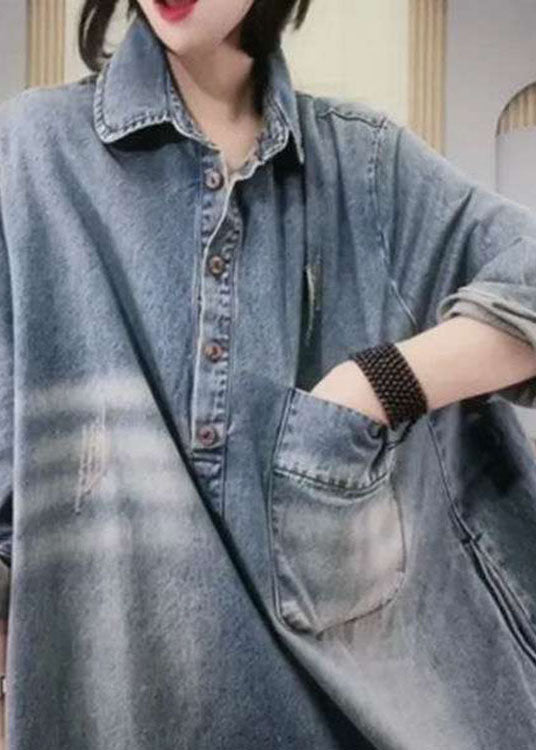 Kvinnors Långärmad Denim Klänning med Peter Pan Krage 3