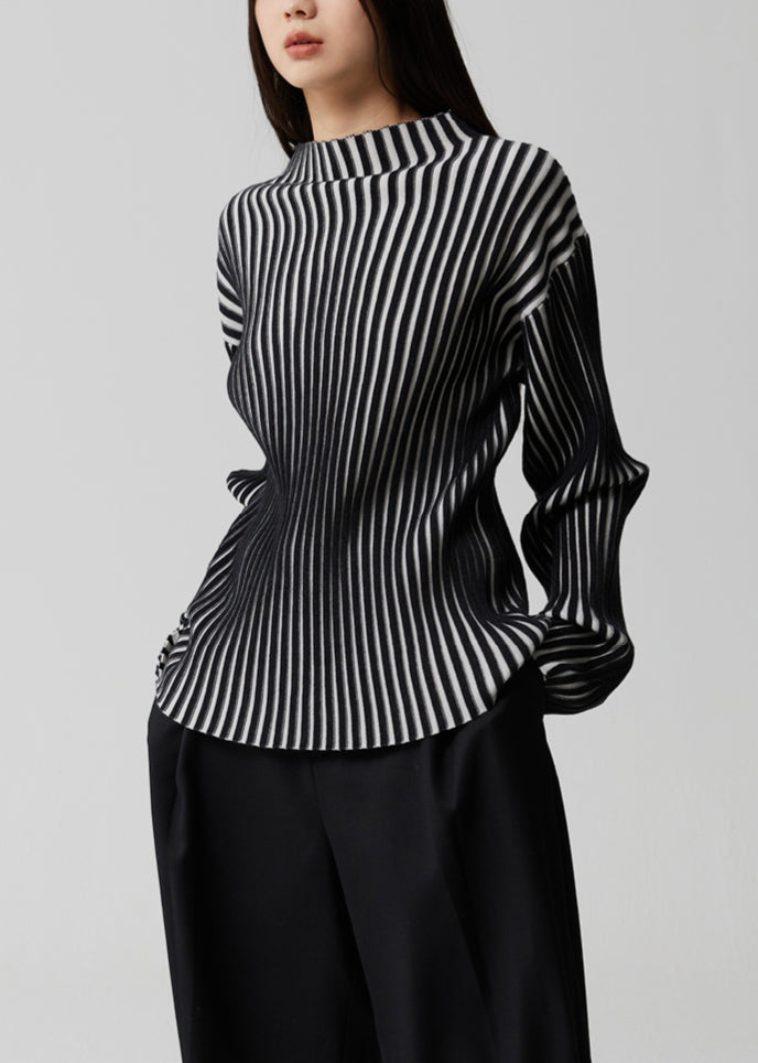 Kvinnors Långärmad Top med Stativkrage Randig Design 3