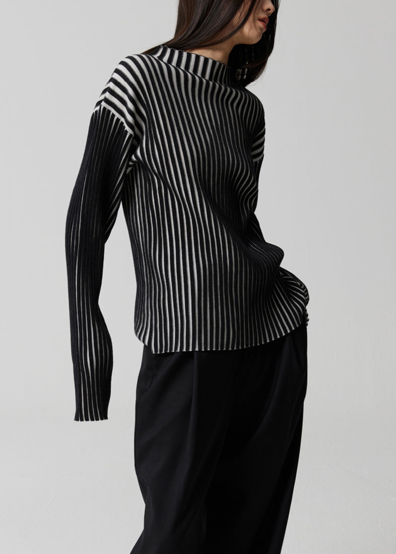 Kvinnors Långärmad Top med Stativkrage Randig Design 4