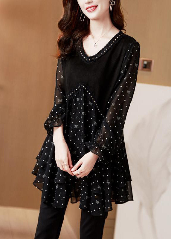 Kvinnors Långärmad Top med V-hals och Dot Patchwork 1