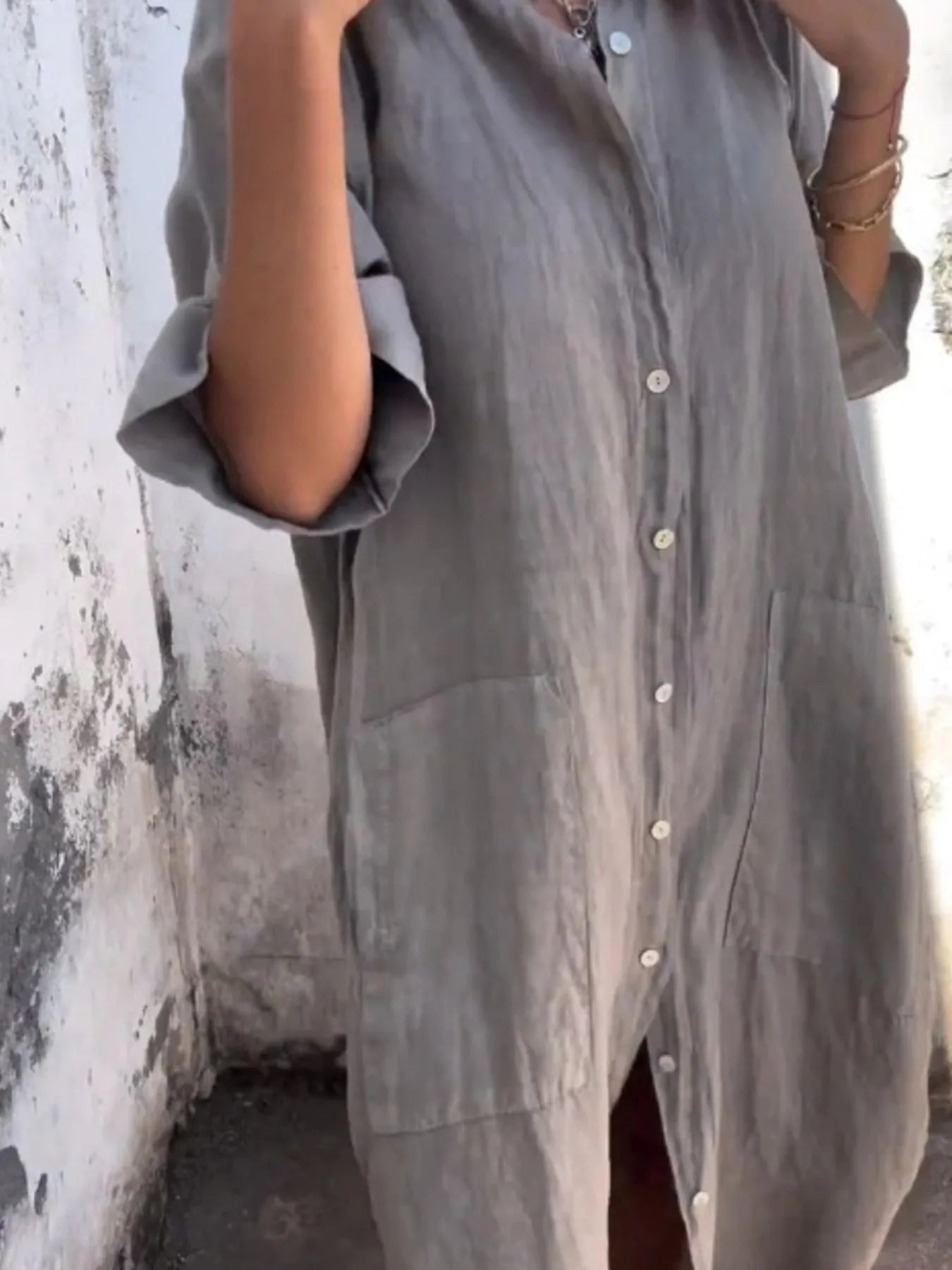 Kvinnors Linneklänning Knappfront Lång Ärmar Polyester 1