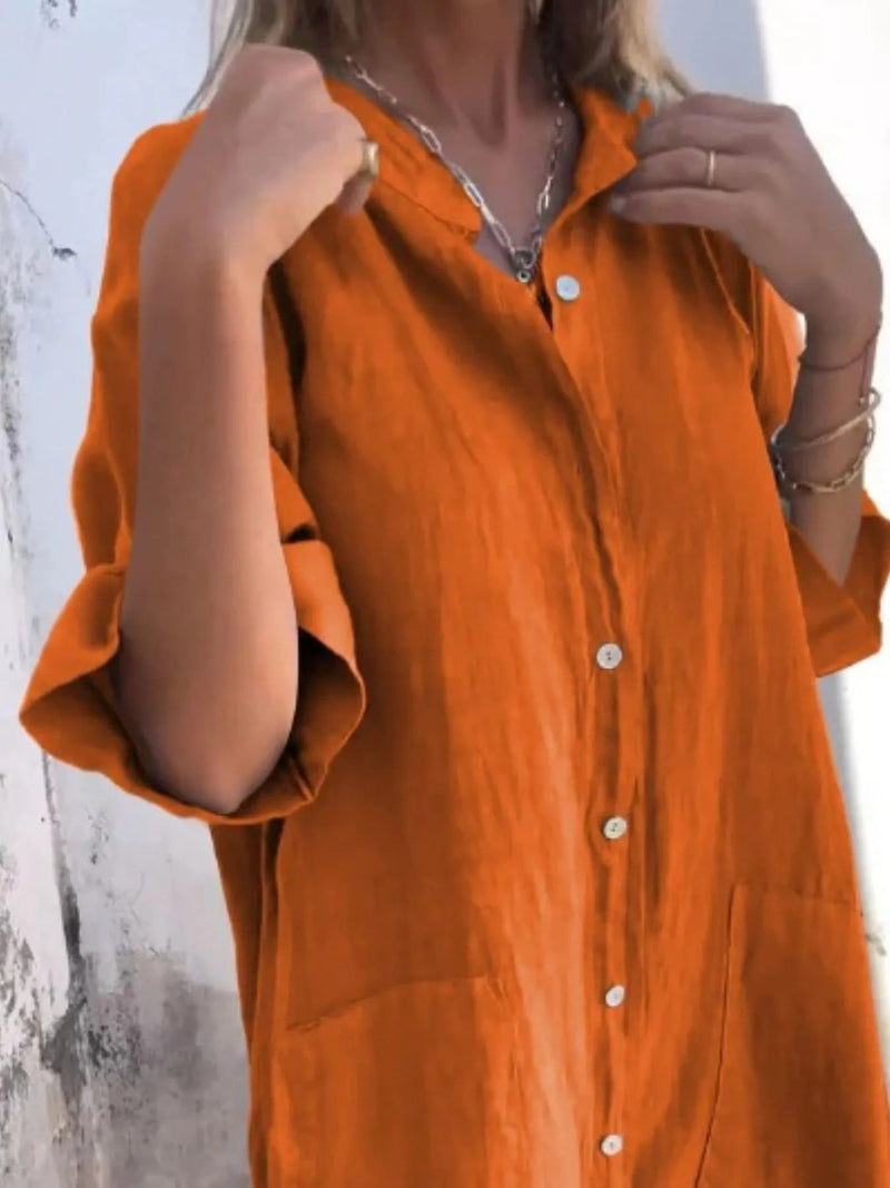 Kvinnors Linneklänning Knappfront Lång Ärmar Polyester 13