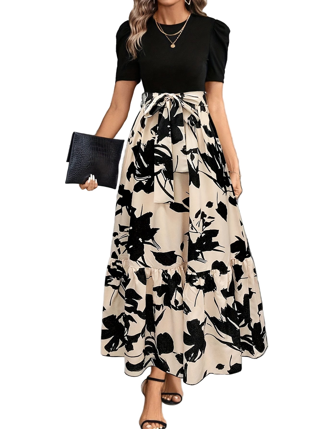 Kvinnors Maxi Klänning Puff Ärmar Knyt Midja A-Linje Passform 0