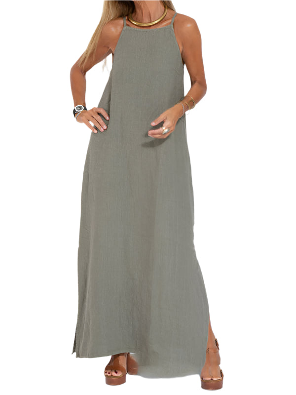 Kvinnors Maxi Klänning Spaghetti Band i Bomull-Linne 0
